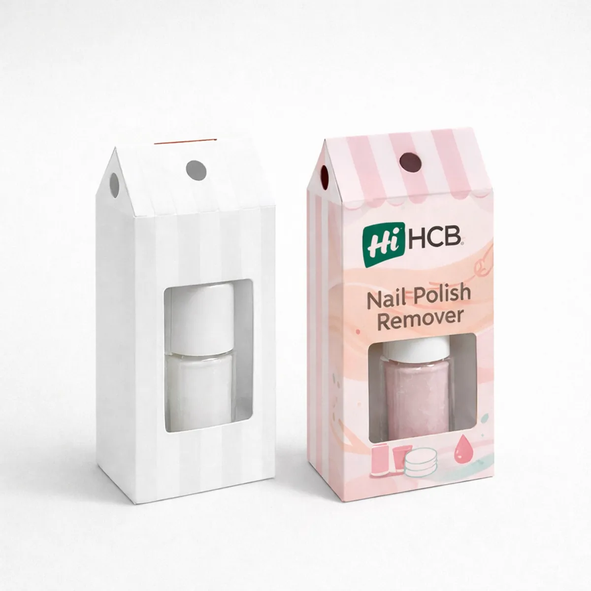 Two open tall boxes with rectangular windows- displayed in plain white and decorated pink styles- class=